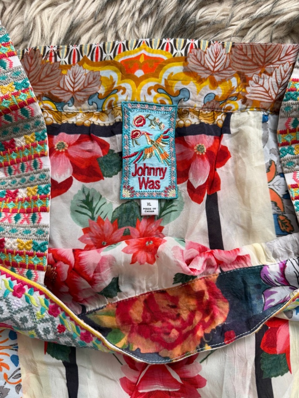 Johnny Was Floral Patchwork Embroidered blouse Red, Pink, Turquoise